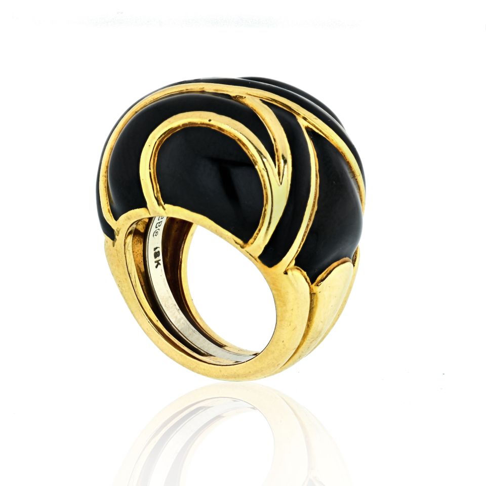 David Webb Platinum & 18K Yellow Gold Bombe Black Enamel Ring - The Back Vault