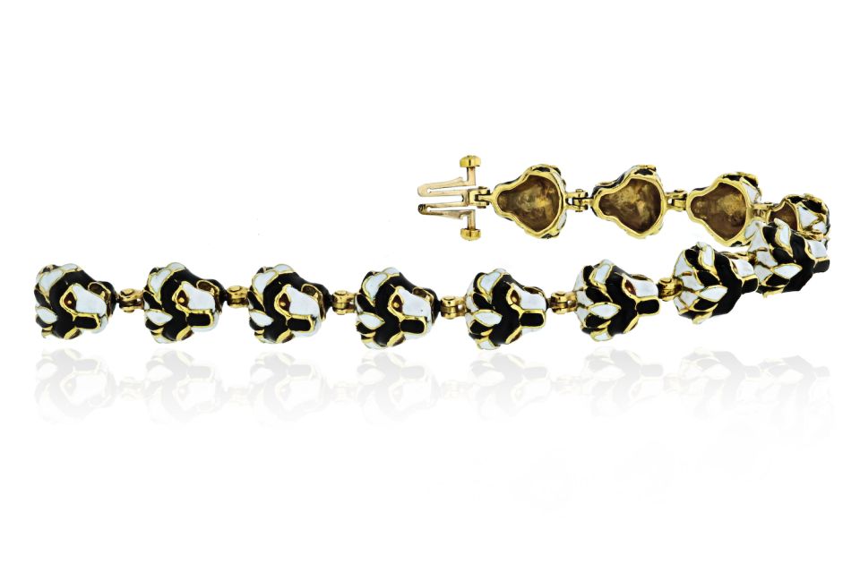 David Webb Lion Head Platinum & 18K Yellow Gold 12 One Line Black Enamel Head Motifs Bracelet - The Back Vault