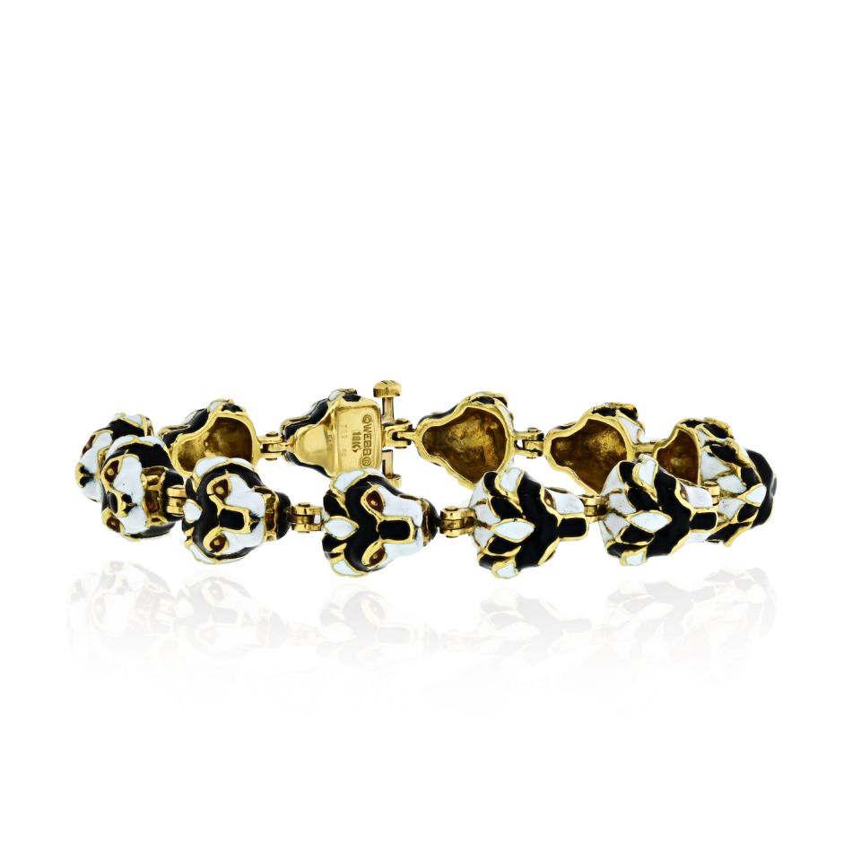 David Webb Lion Head Platinum & 18K Yellow Gold 12 One Line Black Enamel Head Motifs Bracelet - The Back Vault