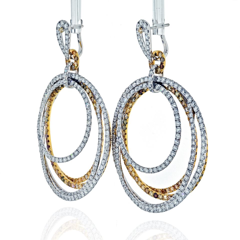 18K Two Tone 24.57 Carat Pave White And Chocolate Diamond Dangling Hoop Earrings - The Back Vault Jewelry