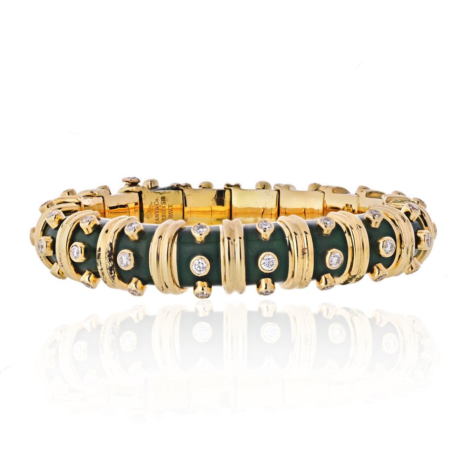 Tiffany & Co. Schlumberger Platinum & 18K Yellow Gold Green Enamel Diamond Bangle Bracelet - The Back Vault