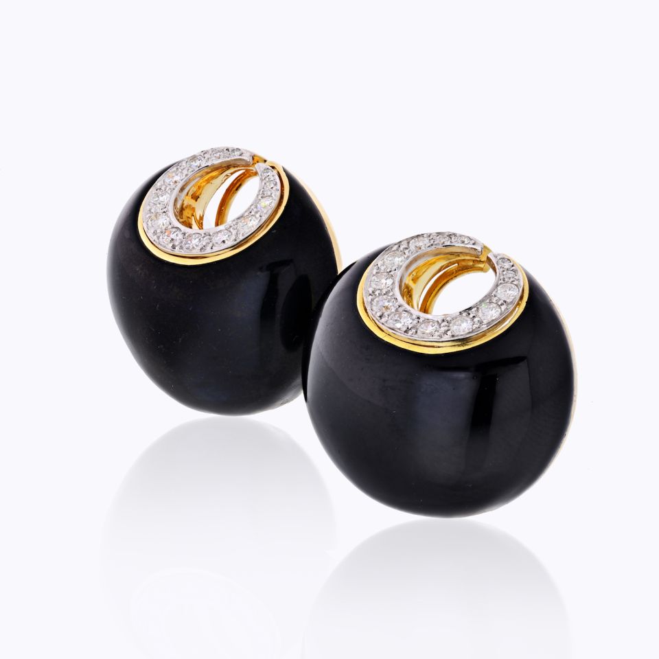 David Webb Crescent Platinum & 18K Yellow Gold Black Enamel & Diamonds Earrings - The Back Vault