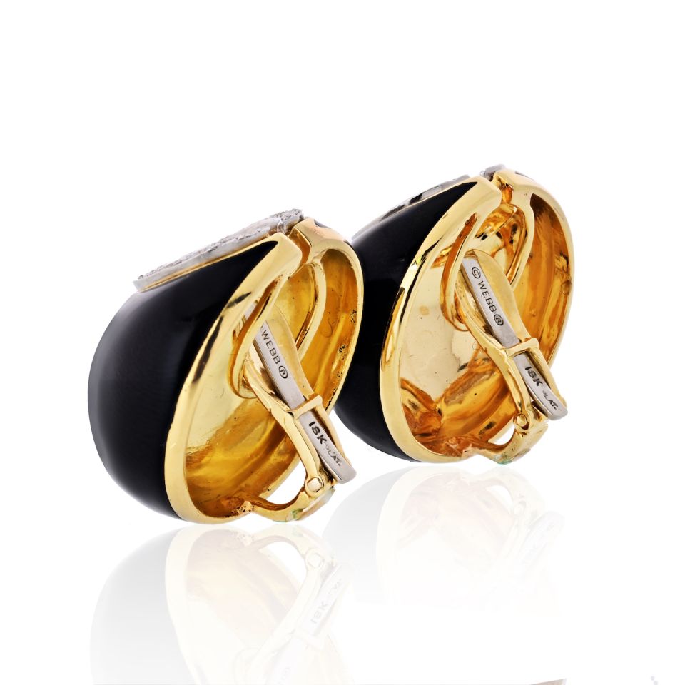 David Webb Crescent Platinum & 18K Yellow Gold Black Enamel & Diamonds Earrings - The Back Vault