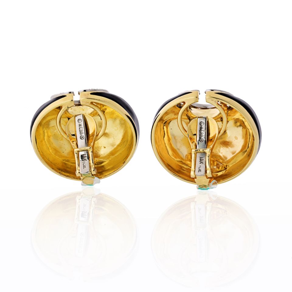 David Webb Crescent Platinum & 18K Yellow Gold Black Enamel & Diamonds Earrings - The Back Vault