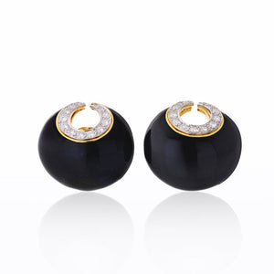 David Webb Crescent Platinum & 18K Yellow Gold Black Enamel & Diamonds Earrings