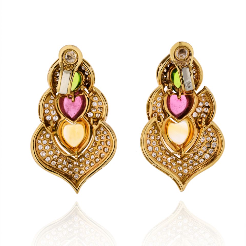 18K Yellow Gold Tourmaline, Peridot, And Diamond Clip-On Earrings - The Back Vault Jewelry