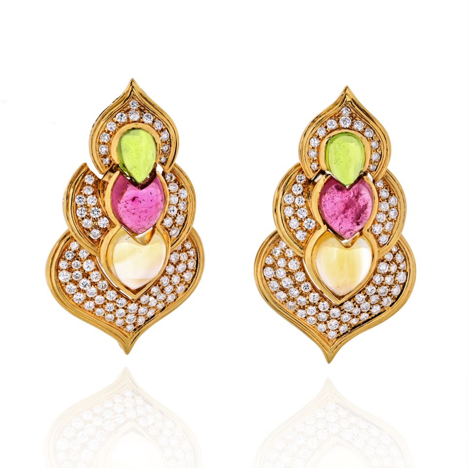 18K Yellow Gold Tourmaline, Peridot, And Diamond Clip-On Earrings - The Back Vault Jewelry