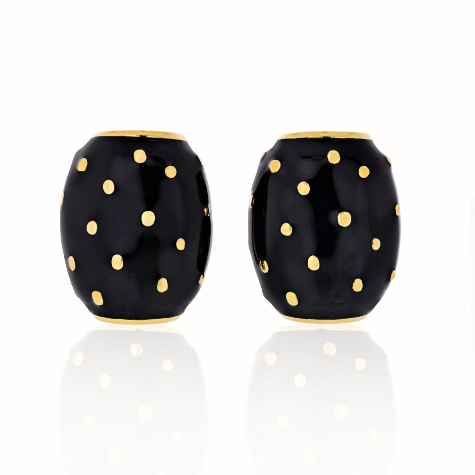 David Webb 18K Yellow Gold Black Enamel Gold Spotted Earrings - The Back Vault