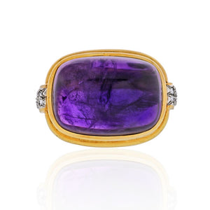 David Webb Platinum & 18K Yellow Gold Cabochon Amethyst And Diamond Cocktail Ring