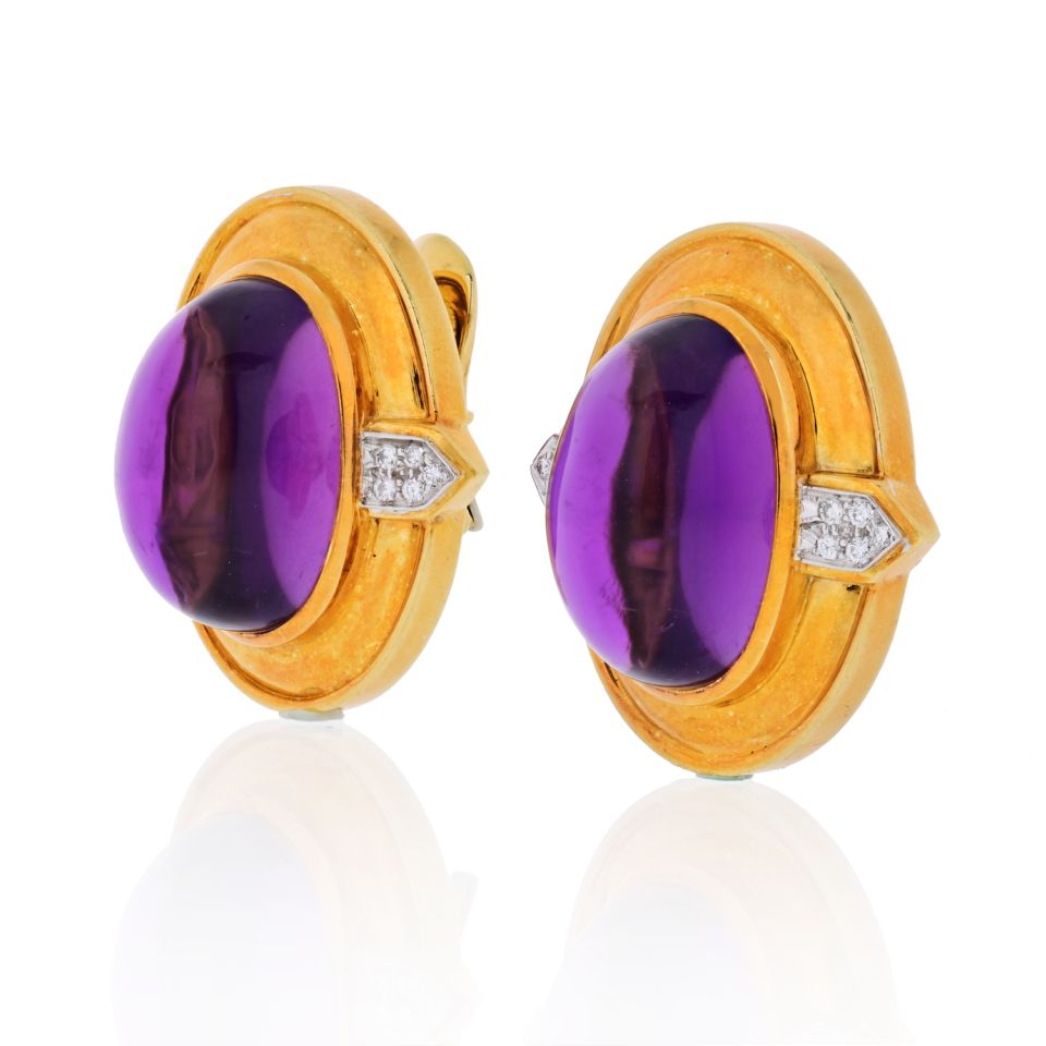 David Webb Platinum & 18K Yellow Gold Cabochon Amethyst And Diamonds Earrings - The Back Vault