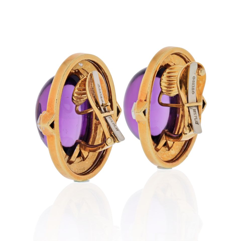 David Webb Platinum & 18K Yellow Gold Cabochon Amethyst And Diamonds Earrings - The Back Vault