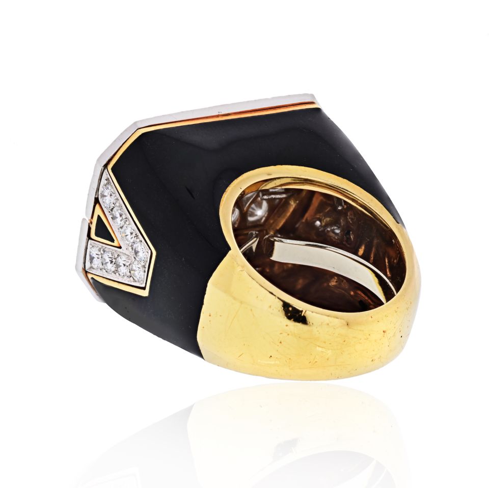 David Webb Platinum & 18K Yellow Gold Black Enamel And Diamond Ring