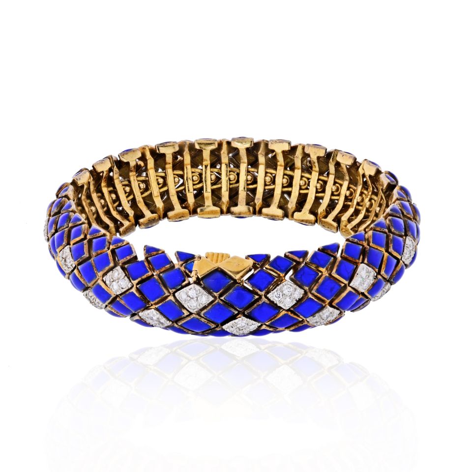 David Webb Platinum & 18K Yellow Gold Blue Enamel And Diamond Bracelet - The Back Vault