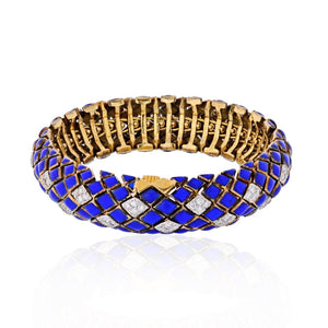 David Webb Platinum & 18K Yellow Gold Blue Enamel And Diamond Bracelet