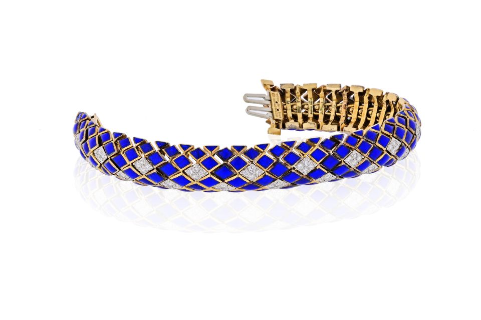 David Webb Platinum & 18K Yellow Gold Blue Enamel And Diamond Bracelet - The Back Vault