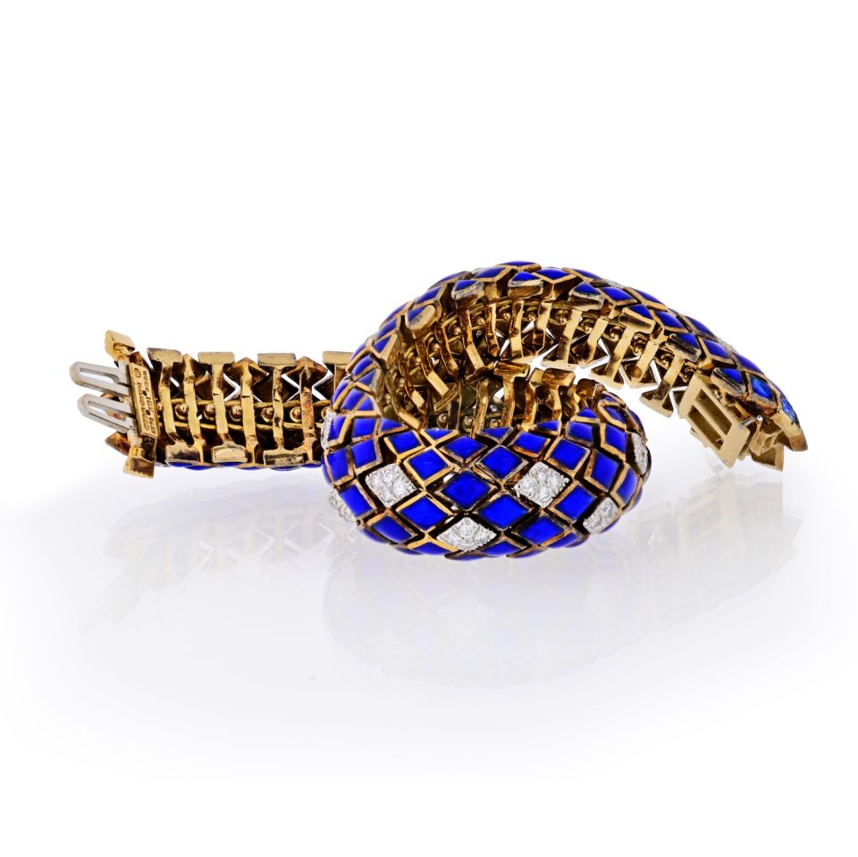 David Webb Platinum & 18K Yellow Gold Blue Enamel And Diamond Bracelet - The Back Vault