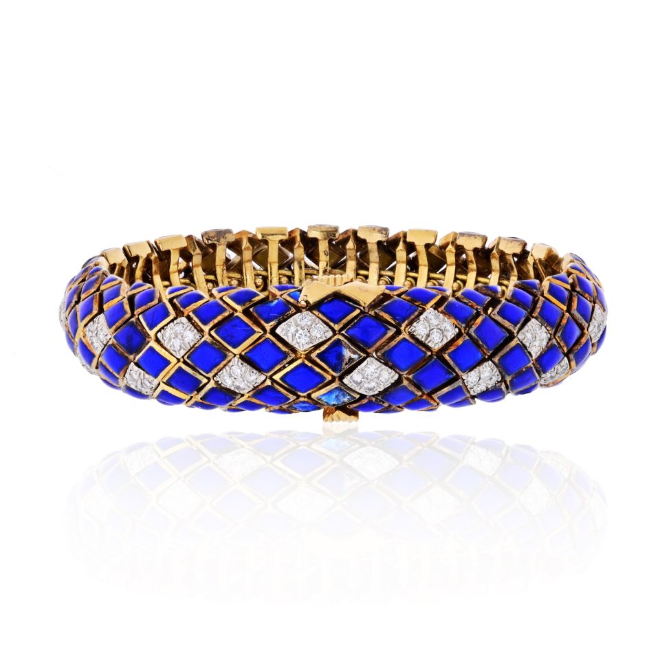 David Webb Platinum & 18K Yellow Gold Blue Enamel And Diamond Bracelet - The Back Vault