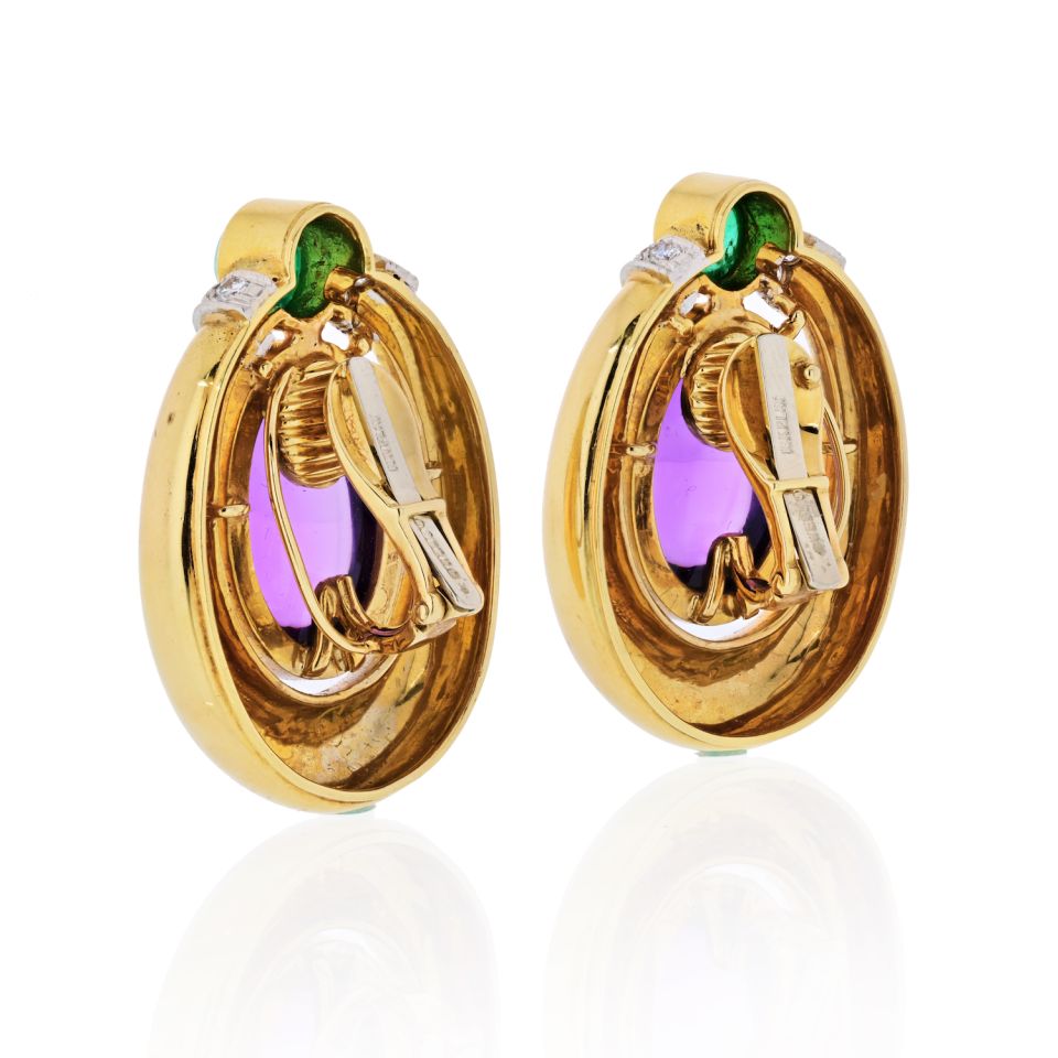 David Webb Platinum & 18K Yellow Gold Cabochon Amethyst, Diamond And Emerald Earrings - The Back Vault