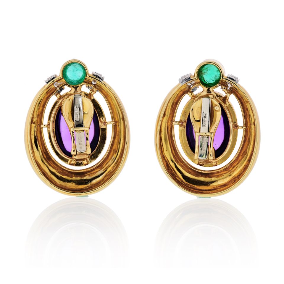 David Webb Platinum & 18K Yellow Gold Cabochon Amethyst, Diamond And Emerald Earrings - The Back Vault