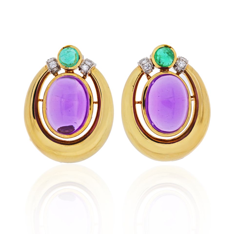 David Webb Platinum & 18K Yellow Gold Cabochon Amethyst, Diamond And Emerald Earrings - The Back Vault