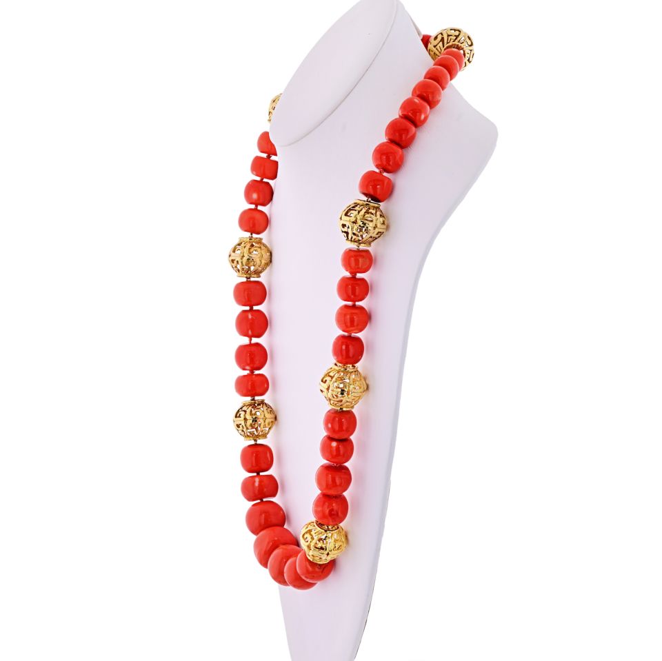 David Webb 1960's 18K Yellow Gold Large Coral Balls String Necklace - The Back Vault