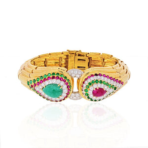 David Webb Platinum & 18K Yellow Gold Raja Tears Green Emeralds, Rubies, Diamonds Bracelet