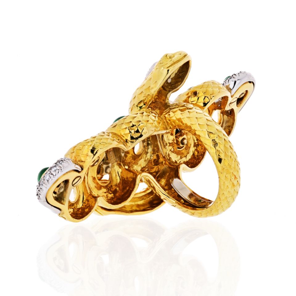 David Webb Kingdom 18K Yellow Gold Two Snakes, Emeralds, Diamonds, Interlocking Ring - The Back Vault