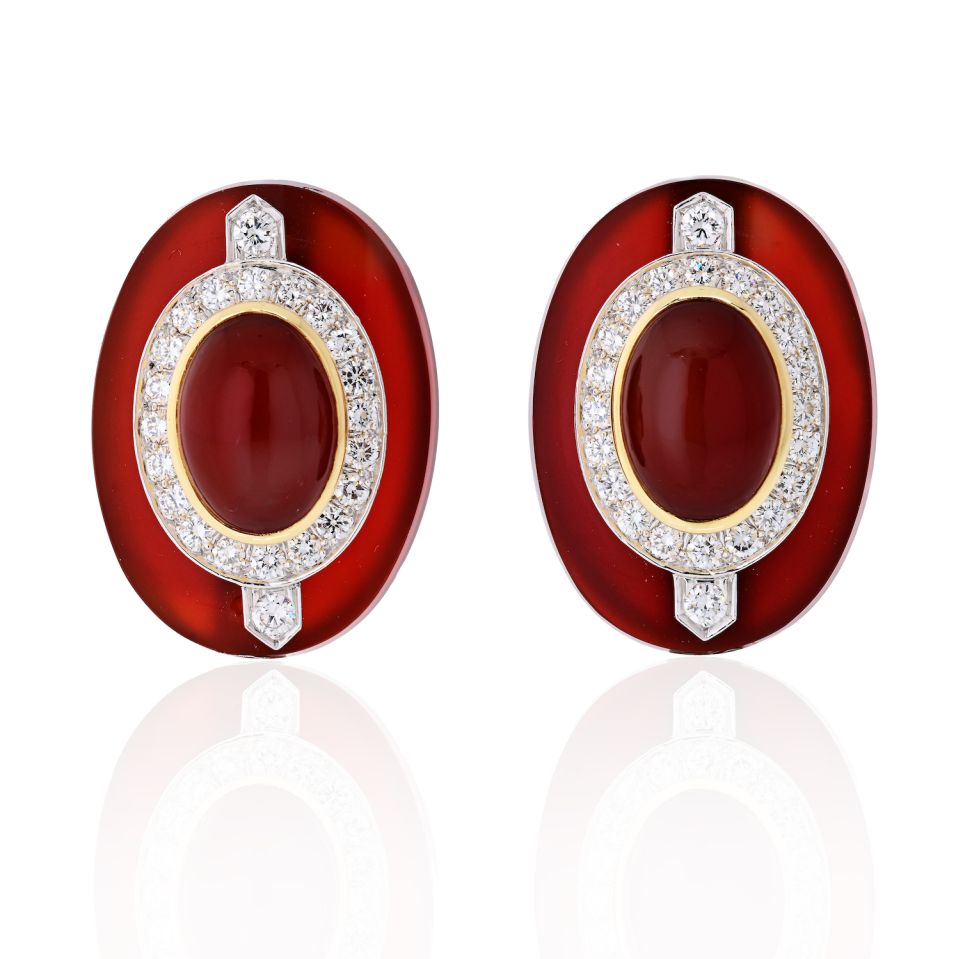 David Webb Carnelian And Diamond Platinum & 18K Yellow Gold Clip Earrings - The Back Vault