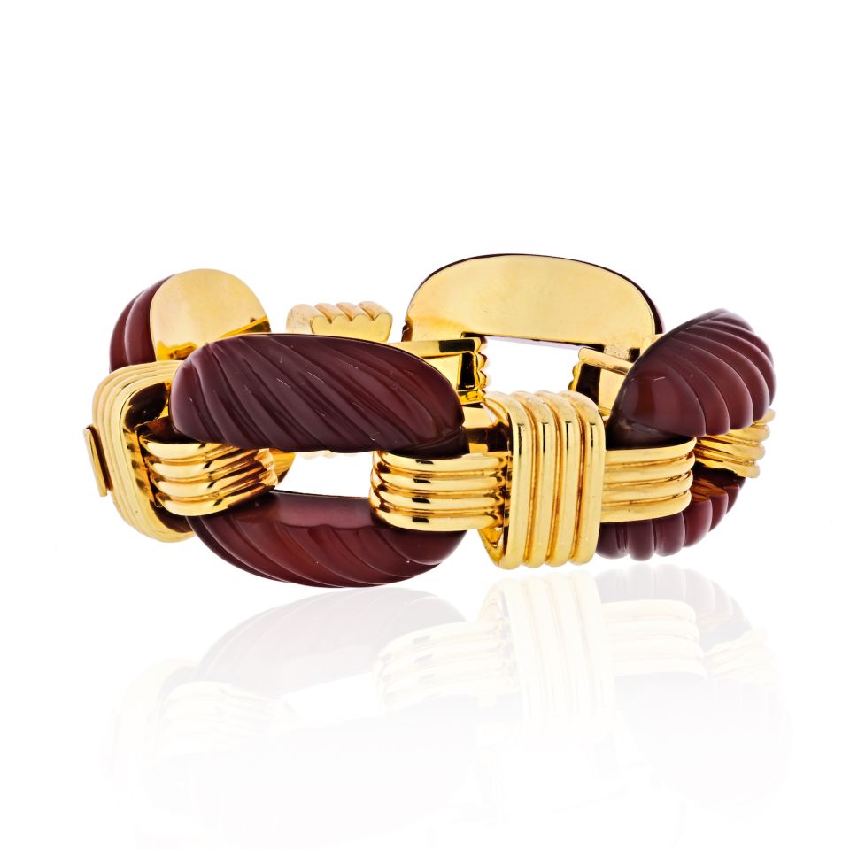 David Webb Platinum & 18K Yellow Gold Fluted Carnelian Link Bracelet - The Back Vault