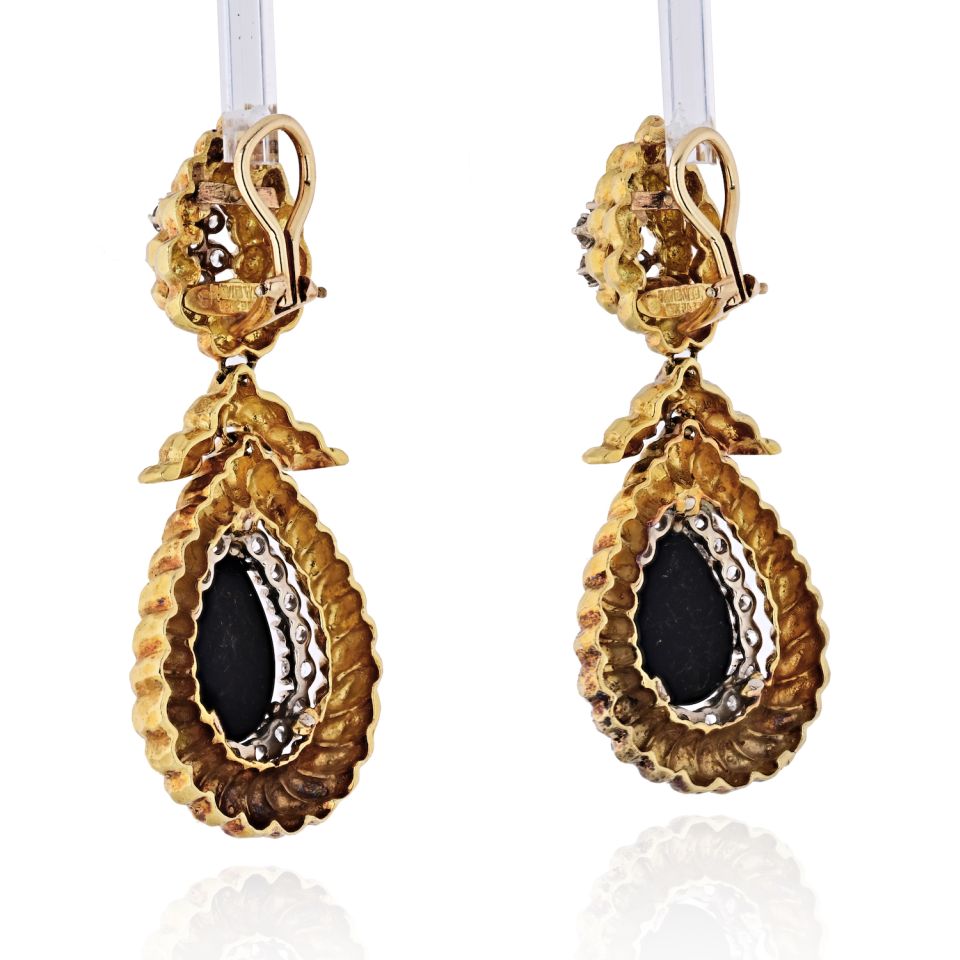 David Webb Platinum & 18K Yellow Gold Onyx And Diamond Teardrop Dangle Drop Earrings - The Back Vault