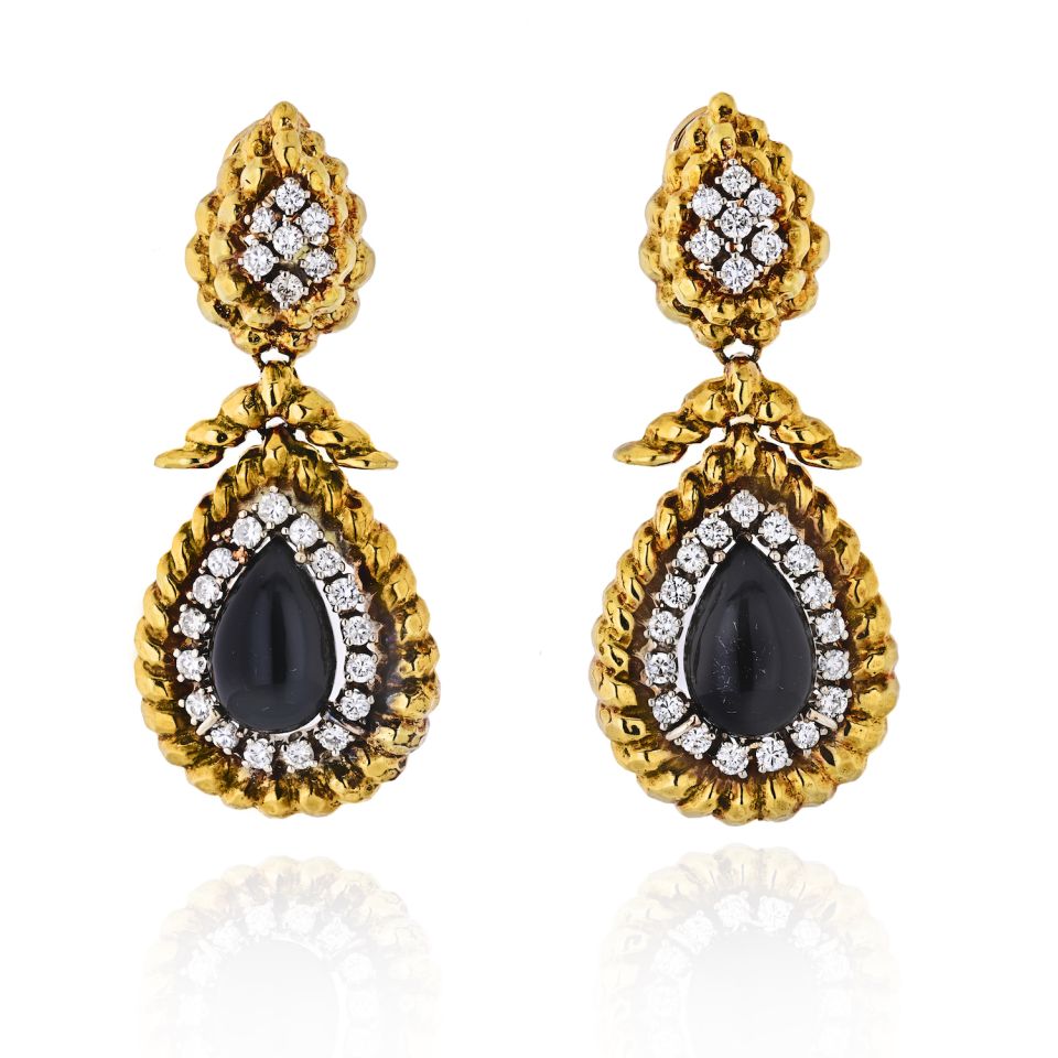 David Webb Platinum & 18K Yellow Gold Onyx And Diamond Teardrop Dangle Drop Earrings - The Back Vault