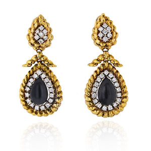 David Webb Platinum & 18K Yellow Gold Onyx And Diamond Teardrop Dangle Drop Earrings