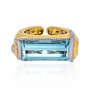 David Webb Platinum & 18K Yellow Gold Aquamarine, Diamonds, Hinged Cuff Bangle Bracelet