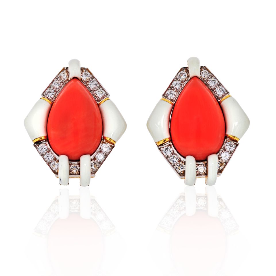 David Webb Platinum & 18K Yellow Gold Coral, White Enamel, Diamond Earrings - The Back Vault