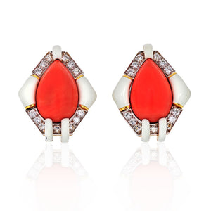 David Webb Platinum & 18K Yellow Gold Coral, White Enamel, Diamond Earrings