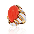 David Webb Platinum & 18K Yellow Gold Coral, White Enamel, Bombe Diamond Ring - The Back Vault