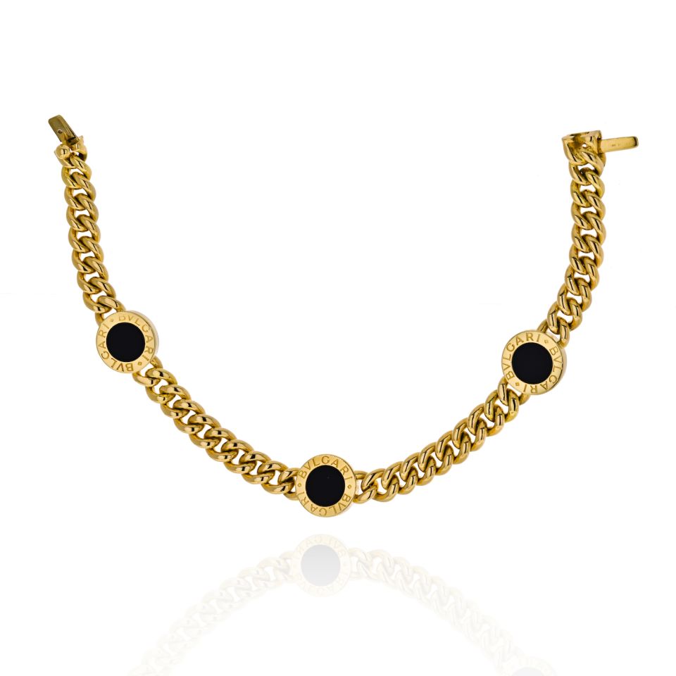 Bvlgari 18K Yellow Gold Three Station Black Onyx Vintage Link Bracelet - The Back Vault