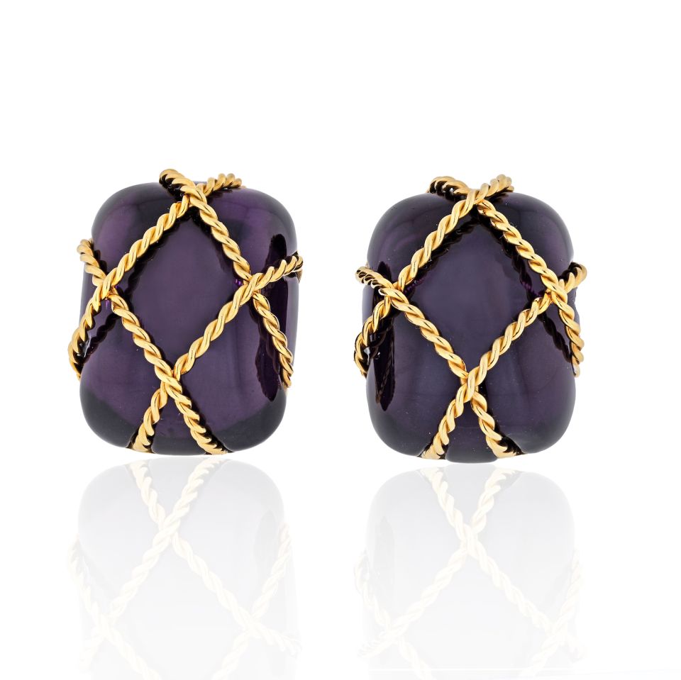 Seaman Schepps 18K Yellow Gold Amethyst Cage Earrings - The Back Vault