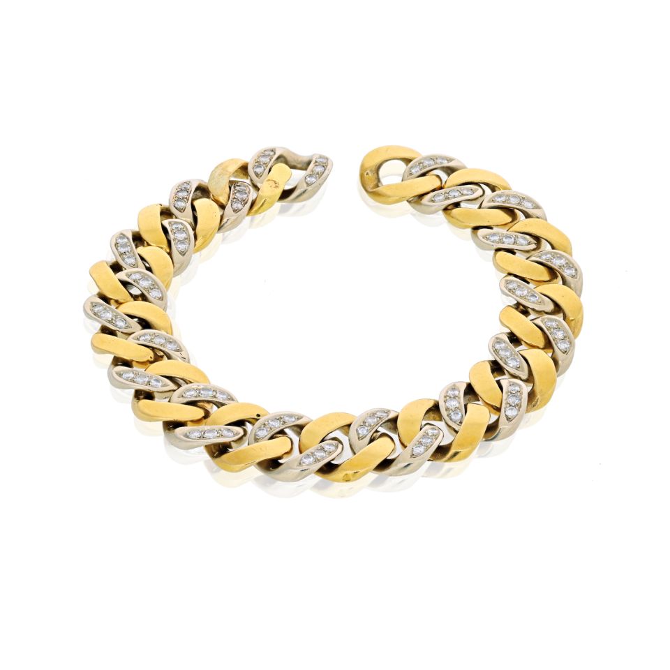 18K Two Tone Open Curb Link Diamond Mens Bracelet - The Back Vault