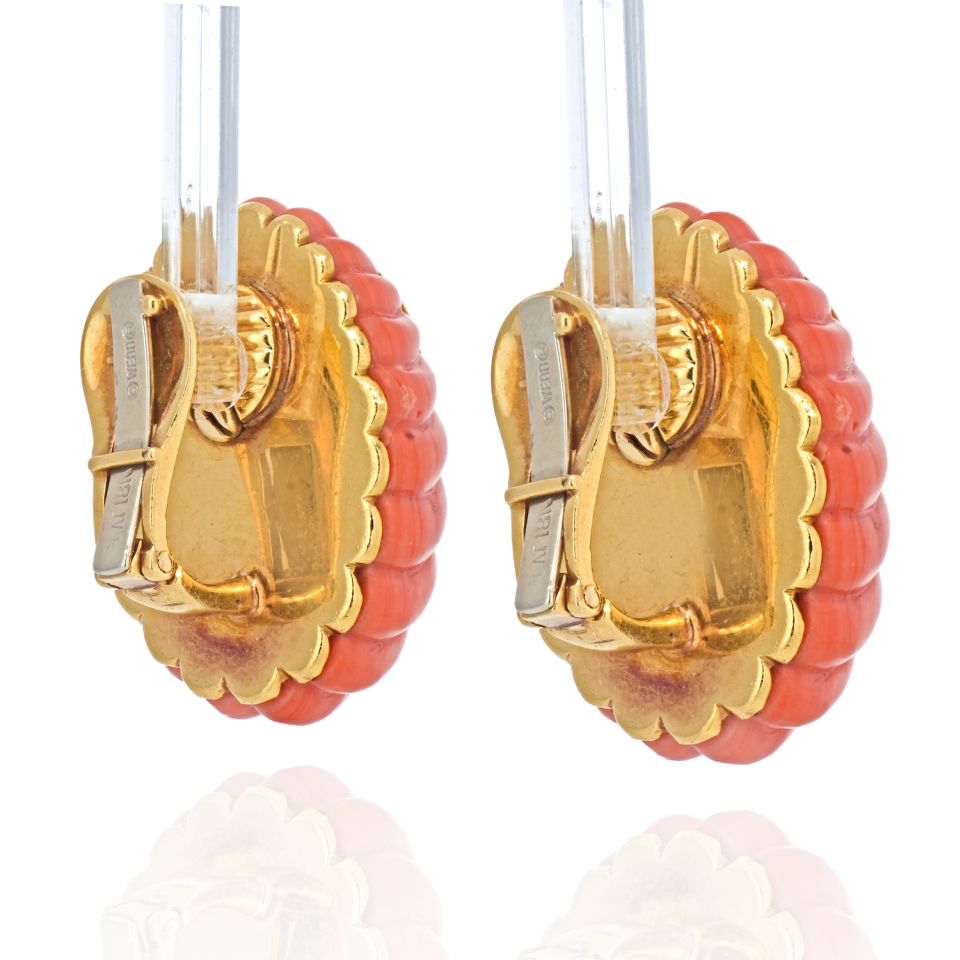 David Webb 1970's Platinum & 18K Yellow Gold Coral and Diamond Earrings - The Back Vault