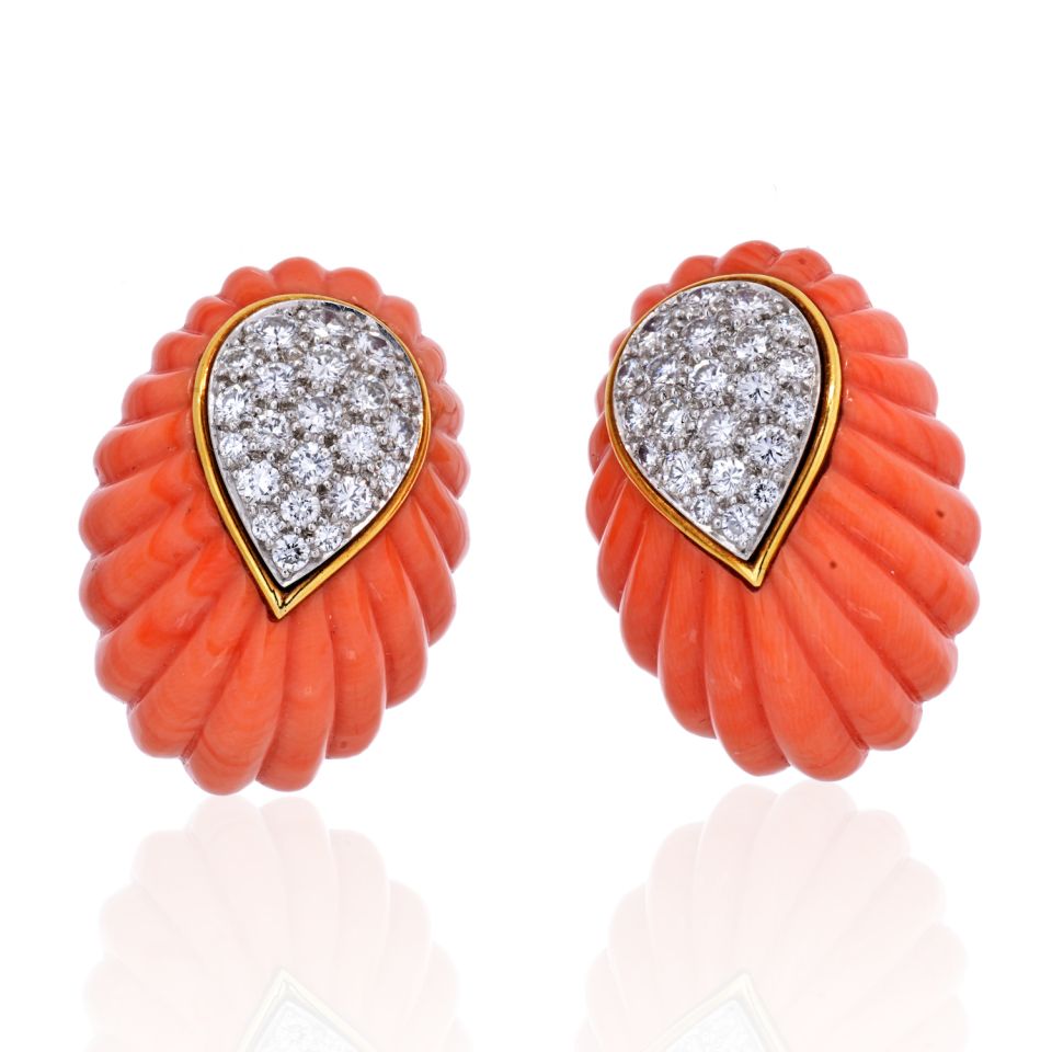 David Webb 1970's Platinum & 18K Yellow Gold Coral and Diamond Earrings - The Back Vault