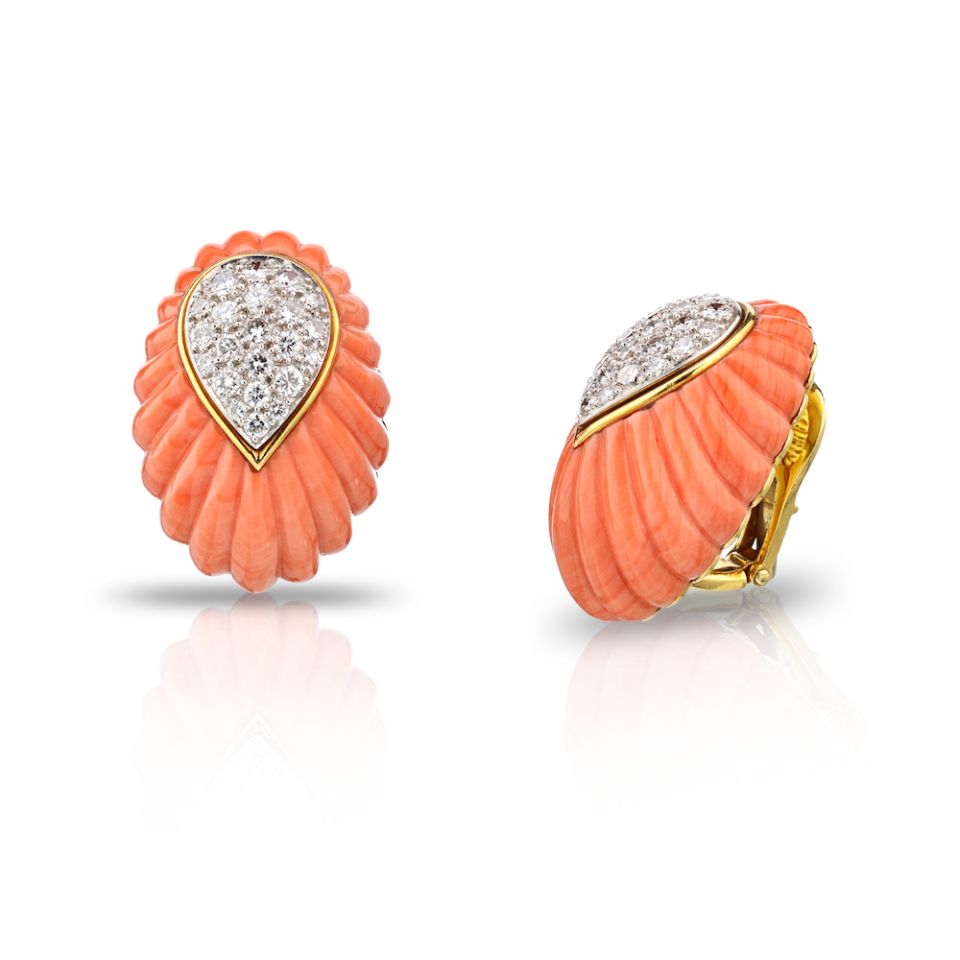 David Webb 1970's Platinum & 18K Yellow Gold Coral and Diamond Earrings - The Back Vault