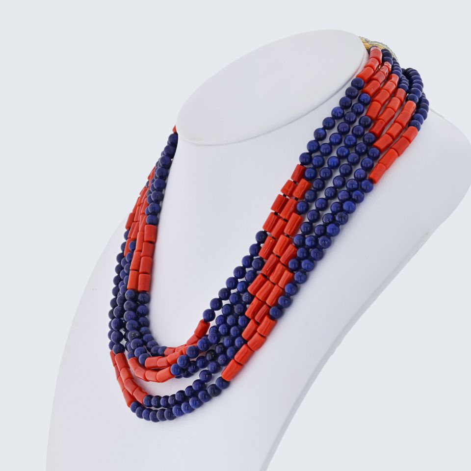 David Webb Platinum & 18K Yellow Gold Multi-Strand Lapis, Coral Necklace - The Back Vault