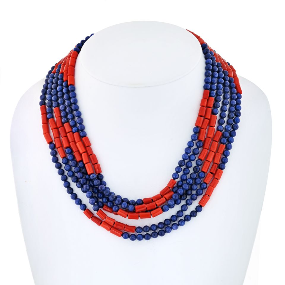 David Webb Platinum & 18K Yellow Gold Multi-Strand Lapis, Coral Necklace - The Back Vault