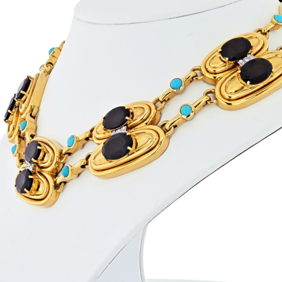 David Webb Platinum & 18K Yellow Gold Garnet, Turquoise & Diamond Necklace - The Back Vault