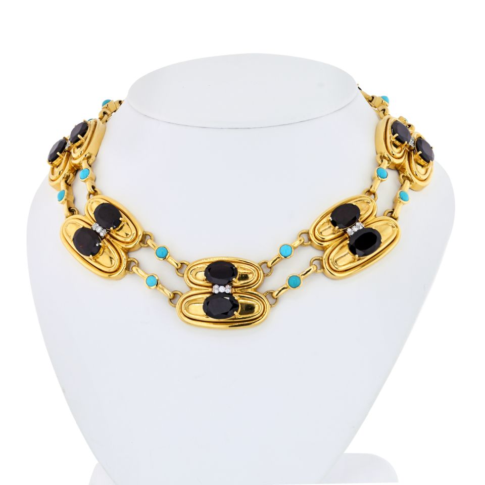 David Webb Platinum & 18K Yellow Gold Garnet, Turquoise & Diamond Necklace - The Back Vault