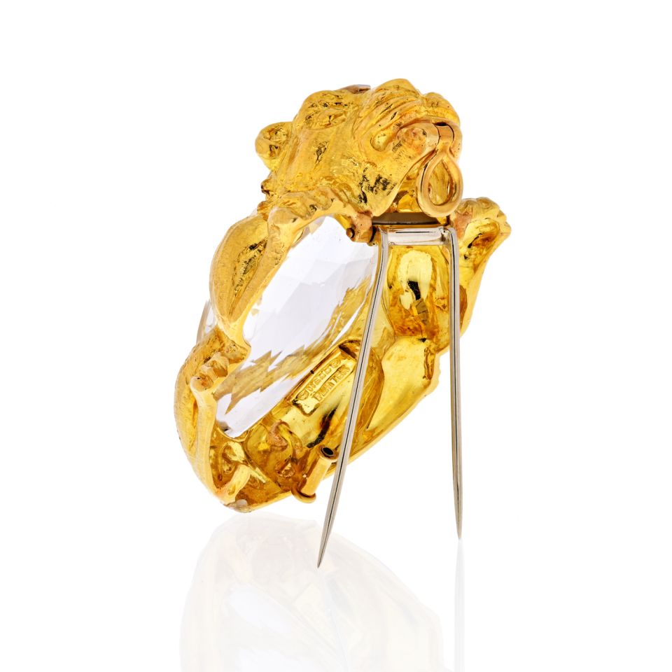 David Webb 18K Yellow Gold Rock Crystal Lion Brooch Pendant - The Back Vault