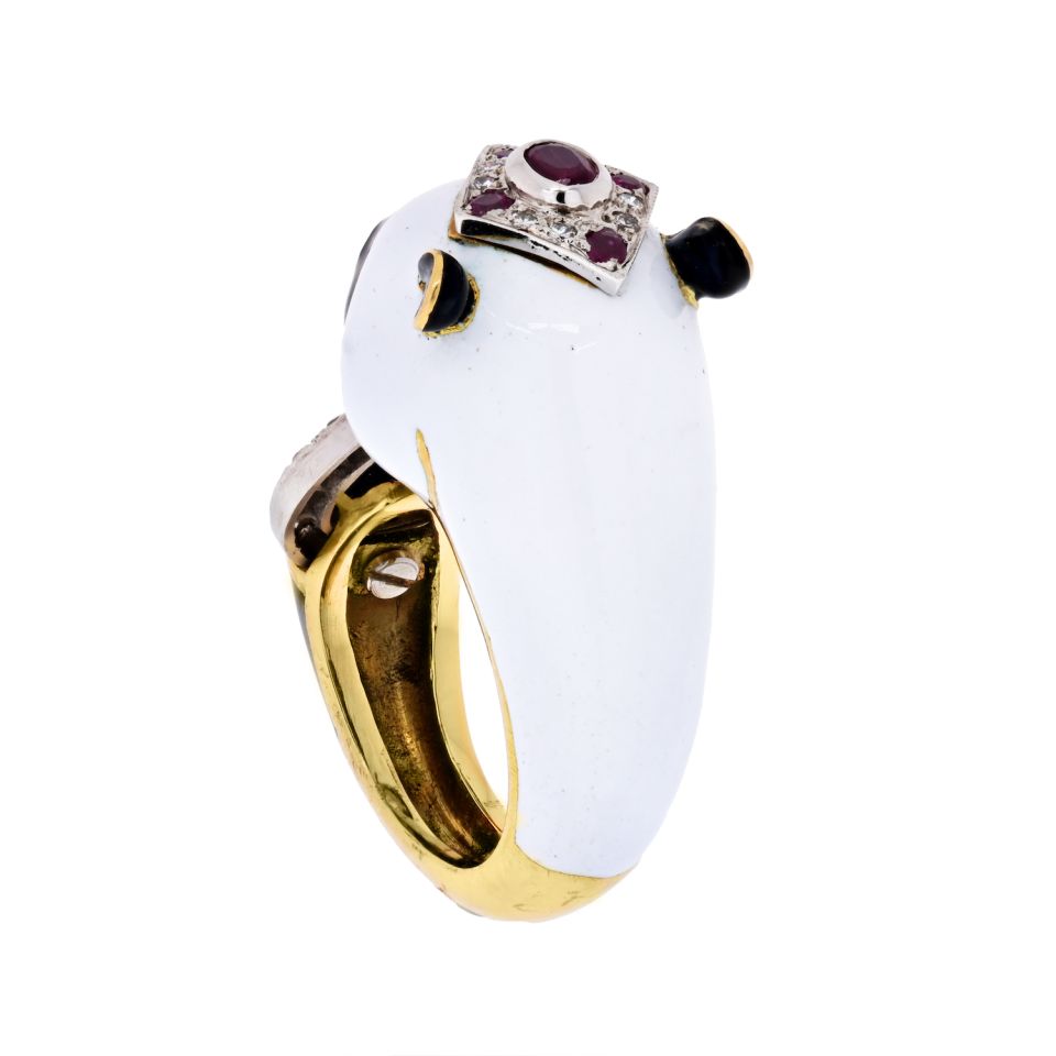 David Webb Circa 1960's 18K Yellow Gold Panda White, Black Enamel, Ruby, Diamond Ring - The Back Vault