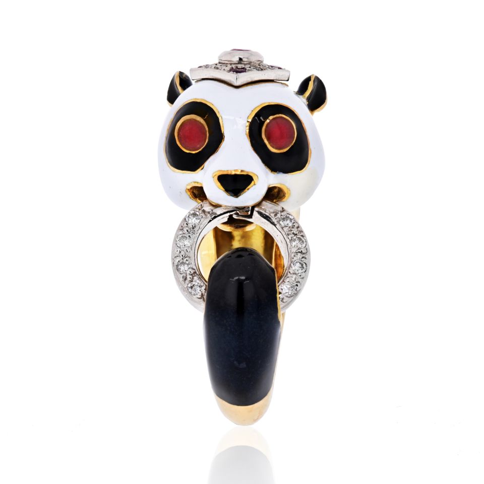 David Webb Circa 1960's 18K Yellow Gold Panda White, Black Enamel, Ruby, Diamond Ring - The Back Vault