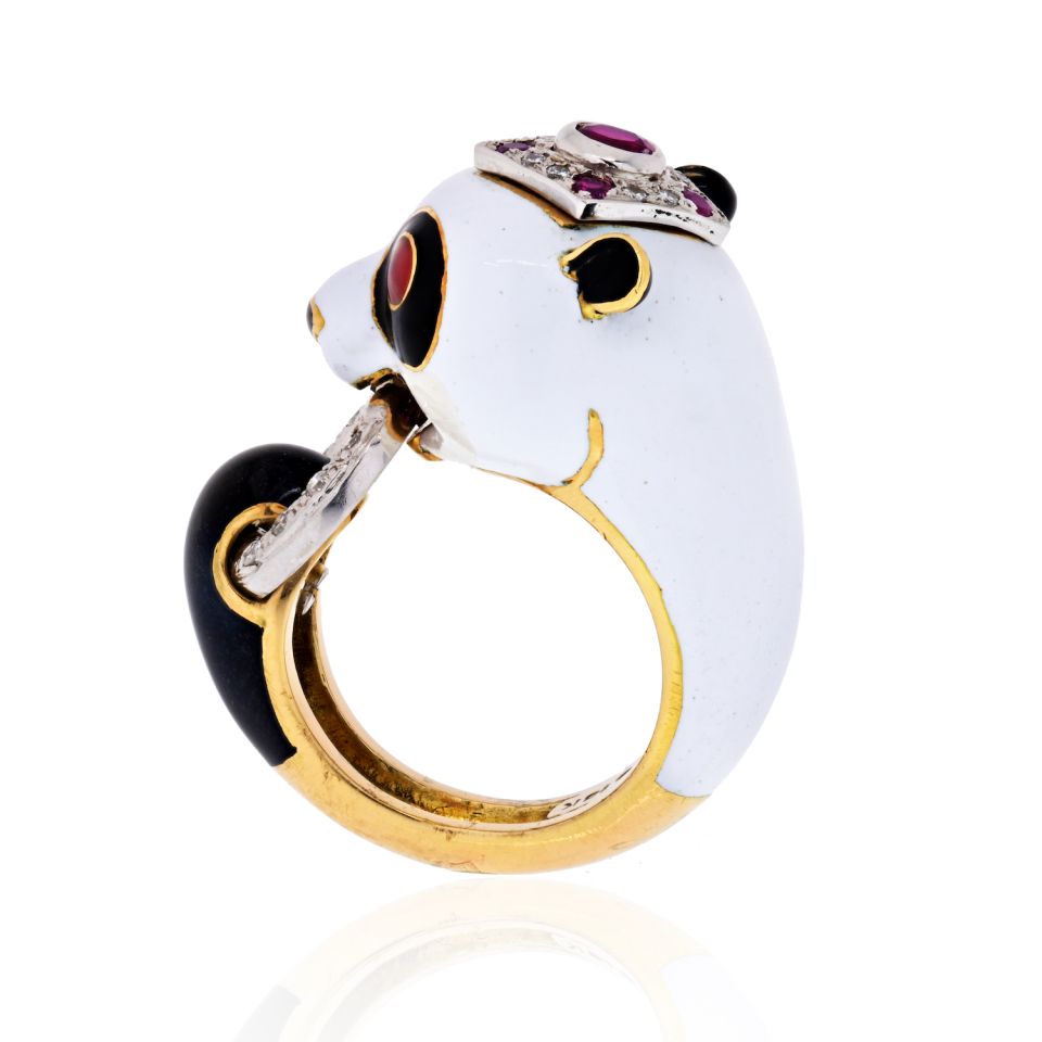 David Webb Circa 1960's 18K Yellow Gold Panda White, Black Enamel, Ruby, Diamond Ring - The Back Vault